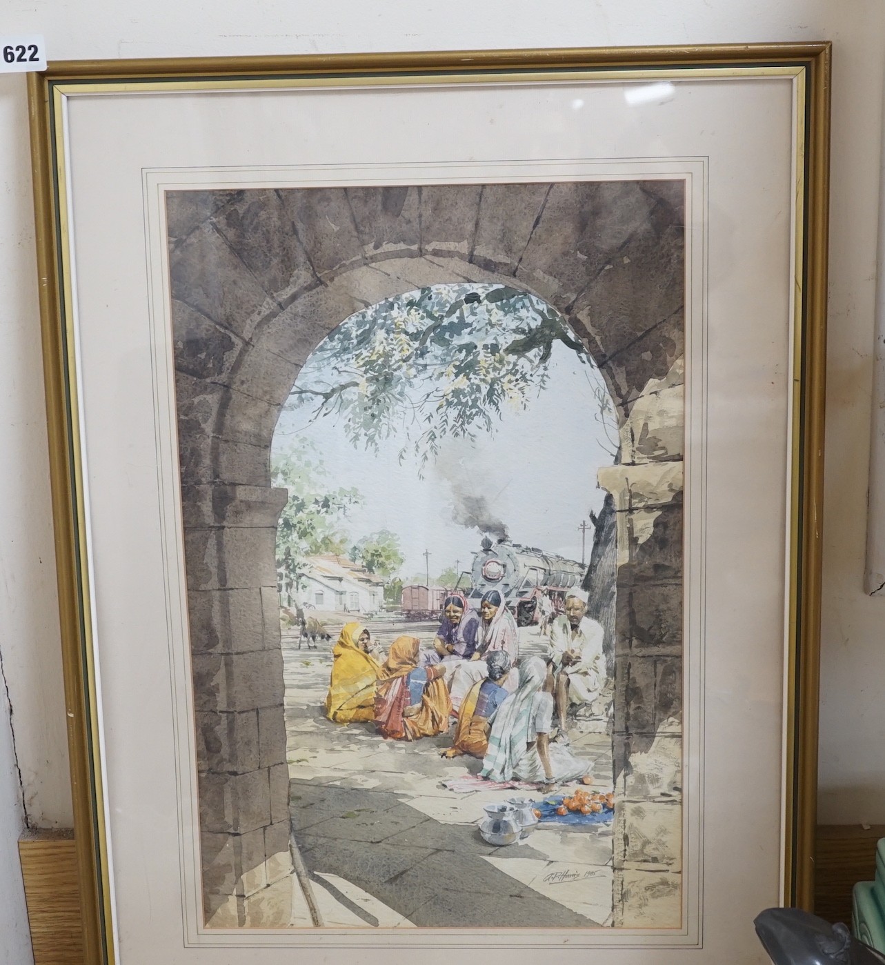 A.P. Harris GRA, watercolour, 'Indian interlude, Gujarat', signed, with Guild of Railway Artists label verso and dated 1985, 50 x 32cm